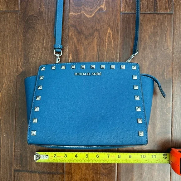 Michael Kors Blue Trapezoid Crossbody Bag with Studded Detailing - Picture 13 of 16